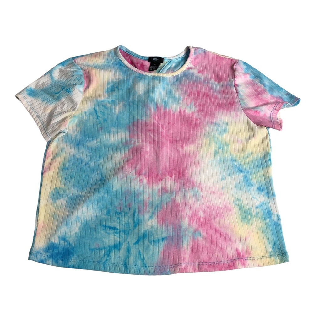 Y2K Rue 21 Crop Top Womens 1X Tie Dye Ribbed Corset Tie Back Short Sleeve Crew